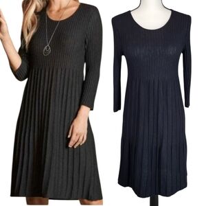 Eileen Fisher Black 100% Italian Wool Ribbed Knit Pleated A-line Dress Size PP